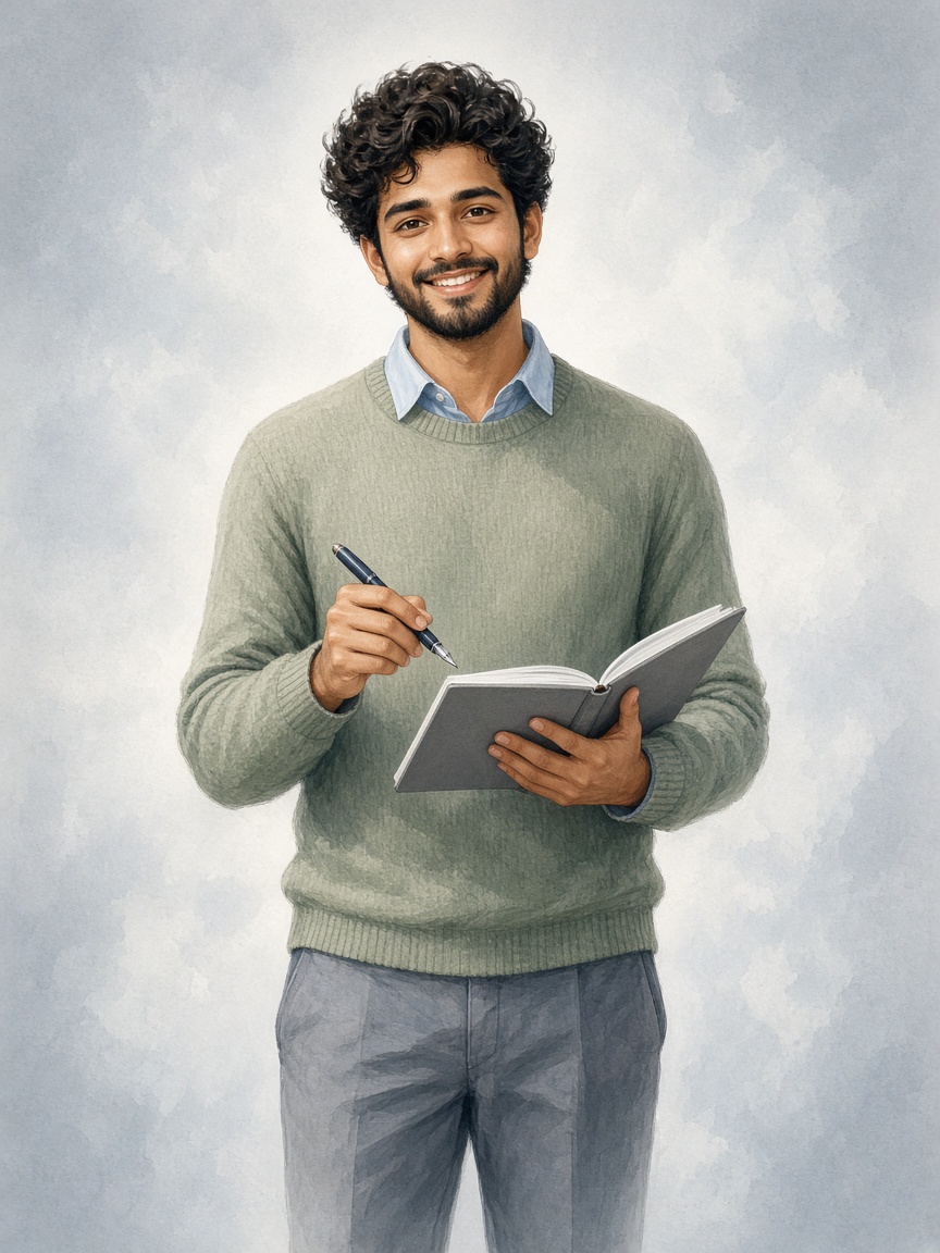 Illustrated character representing Moznotes — a friendly figure with a notebook